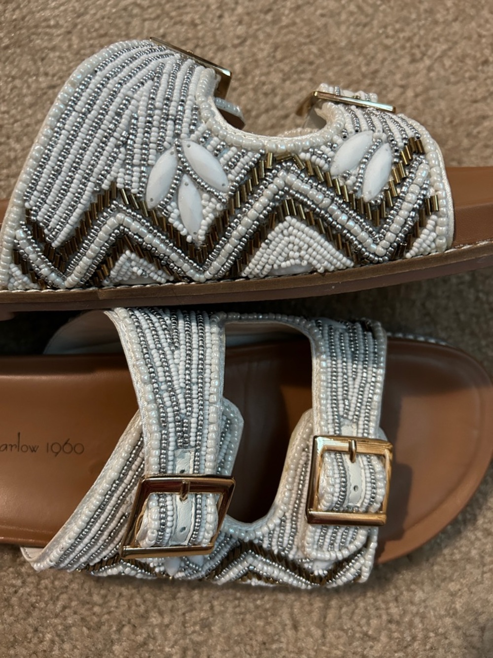 House of Harlow 1960 White Beaded Double-Buckle Slide Sandals